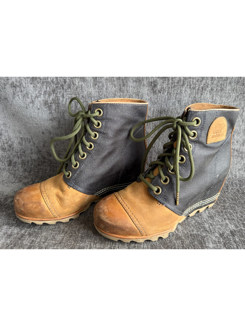 Sorel PDX Wedge Women’s Boots Tan & N Blue Waxed Canvas & Leather Sz 8 Lace Up